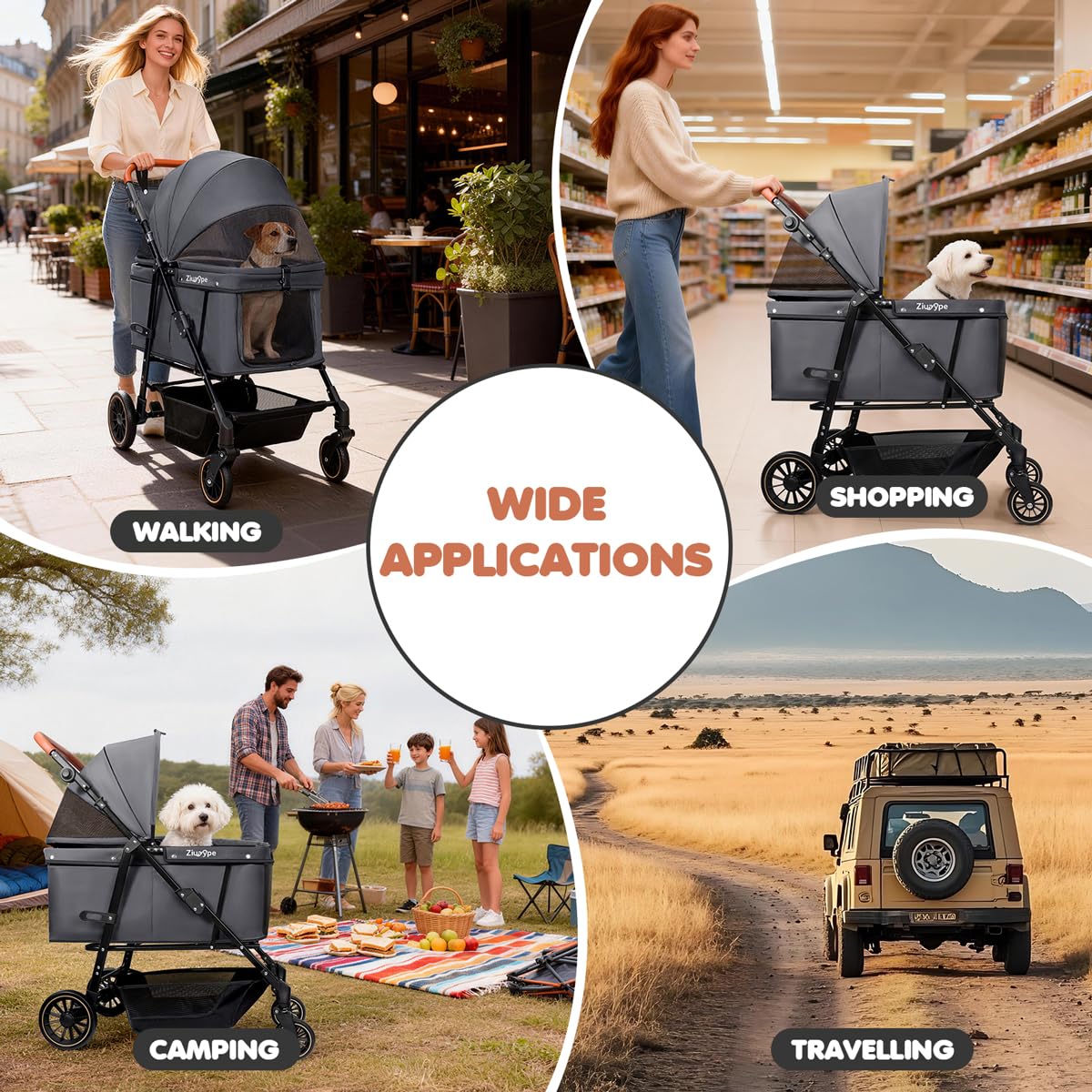 Dog Stroller for Large & Medium Dogs (20–132 lbs), Pet Stroller for 2 Small Dogs, Cat Strollers for 2 Cats, Extra Large Heavy Duty, Foldable & Fully Ventilated Design, Gray