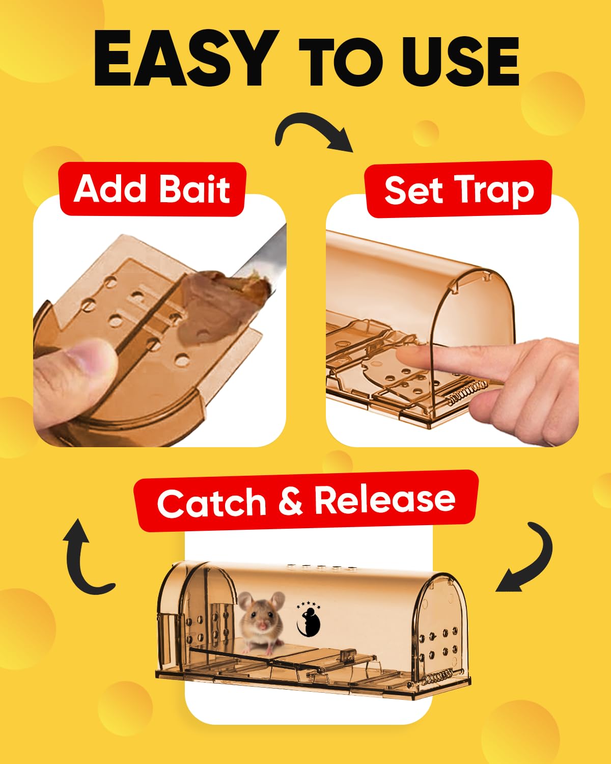 Motel Mouse Humane Mouse Traps No Kill Live Catch and Release 2 Pack - Reusable, Easy to Use & Clean, No Touch Release, Sensitive Includes Cleaning Brush, Instruction Manual & Video - Mousetrap Indoor