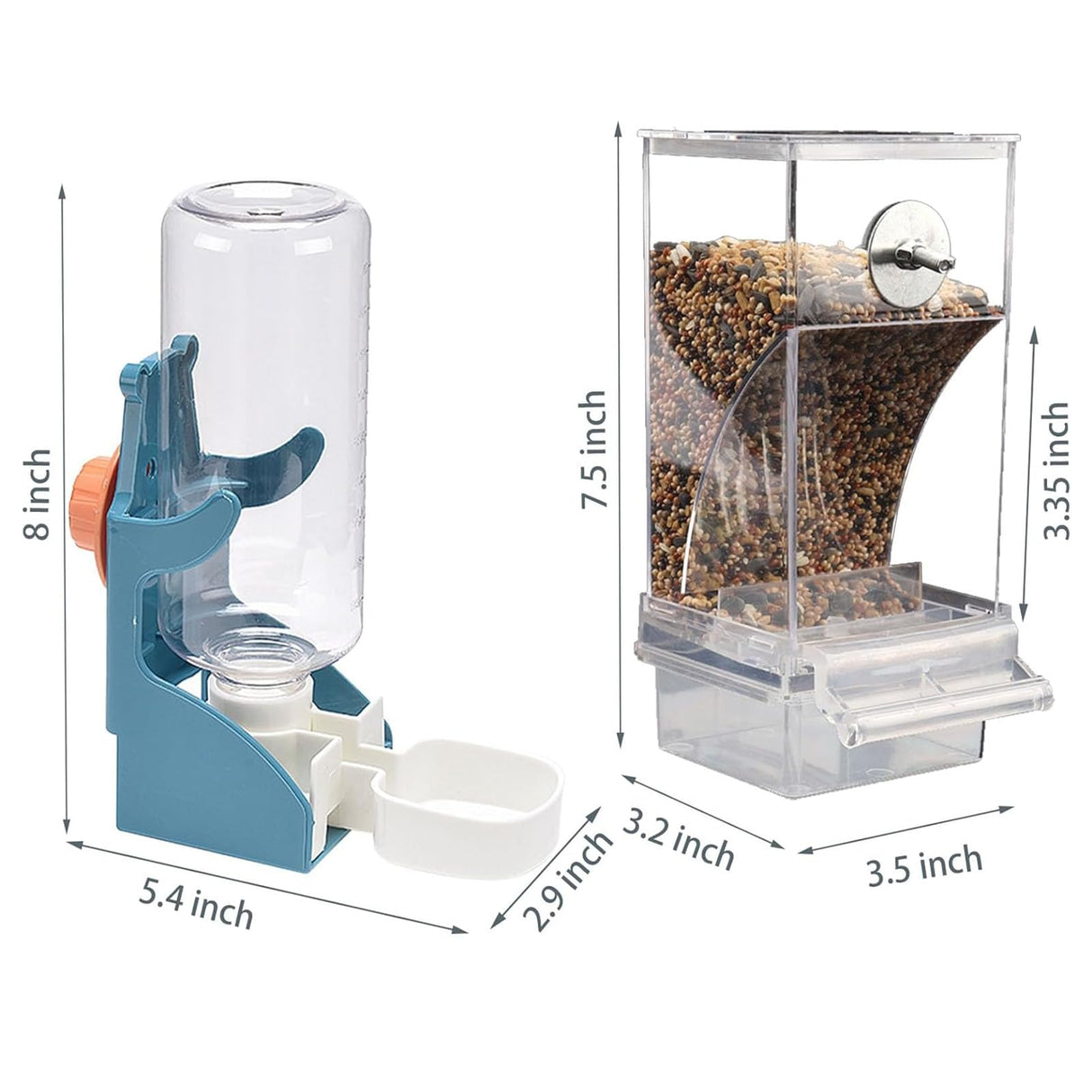 NIENIE No Mess Bird Feeder Water Dispenser Set, Automatic Transparent Parrot Feeder Acrylic Parrot Food Container Drinker, Blue (Pack of 2)