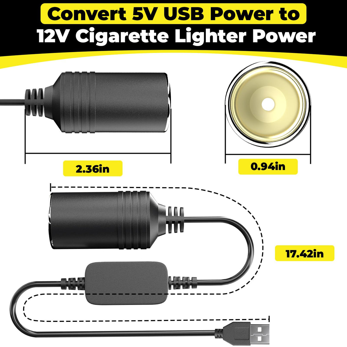USB to Cigarette Lighter Adapter, 10W USB Male to 12V Cigarette Lighter Socket Cable, for Dash Cam, Radar Detector, Car Fan, Electronic GPS, Led Light