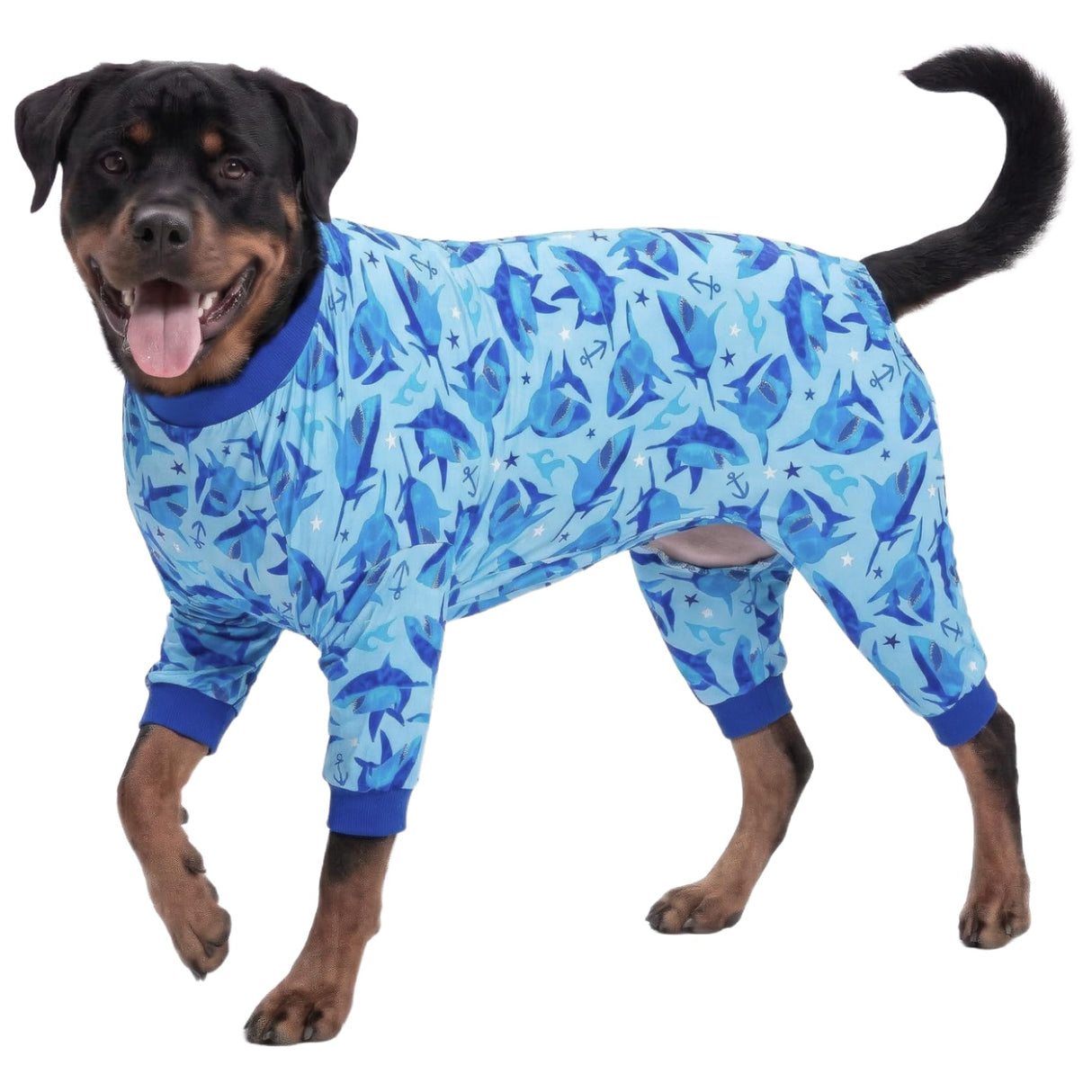 LovinPet Shirts for Pitbull Dogs, Pjs for Large Dogs, Lightweight Onesie, Sea Shark Action Print, Dog Clothing, UV Protection, Easy Wearing Adorable Dog Jumpsuit /3XL