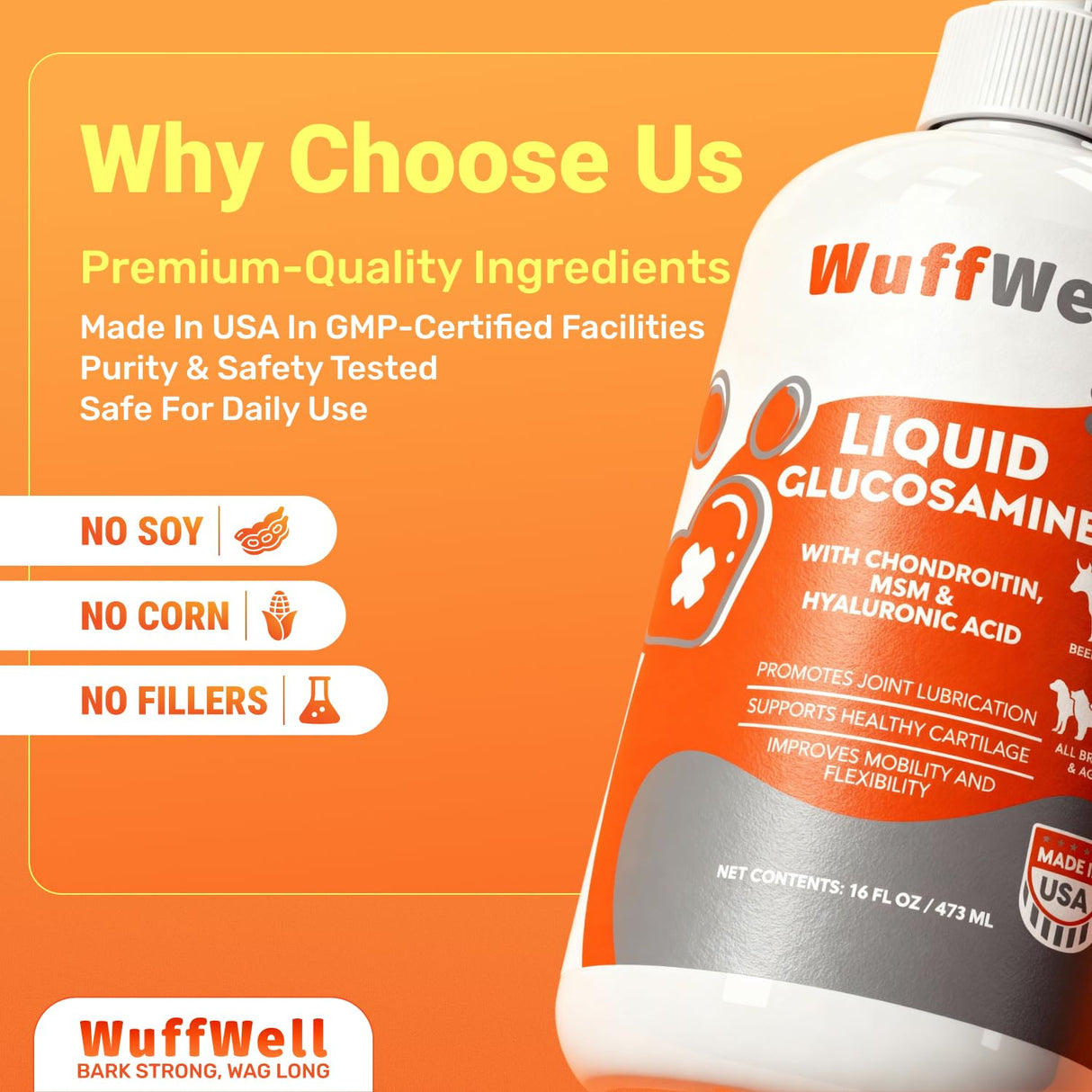WuffWell Liquid Glucosamine for Dogs - Hip and Joint Support - Made in USA - Glucosamine for Dogs Liquid 16oz - Natural Hip and Joint Supplement - Dog Joint Health - Vet Approved - Easy Dosage
