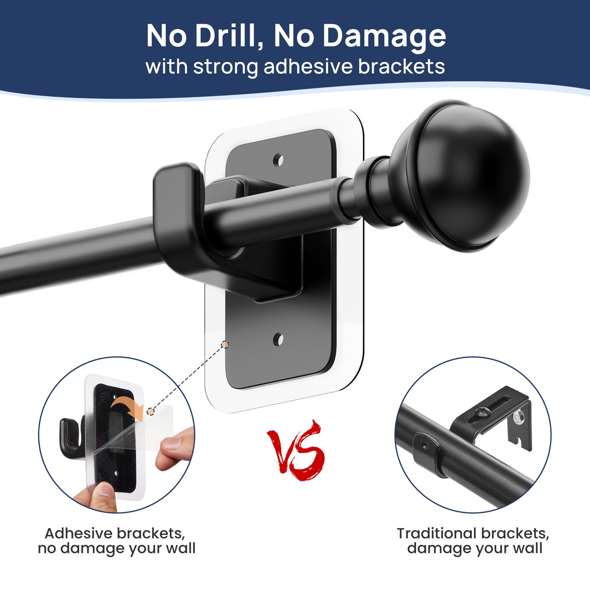 No Drill Curtain Rods for Window 28 to 47 Inches, 5/8 Inch Diameter Renter Friendly Drapery Rod with Adhesive Brackets without Drilling, Adjustable from 27 to 52 Inches, Black