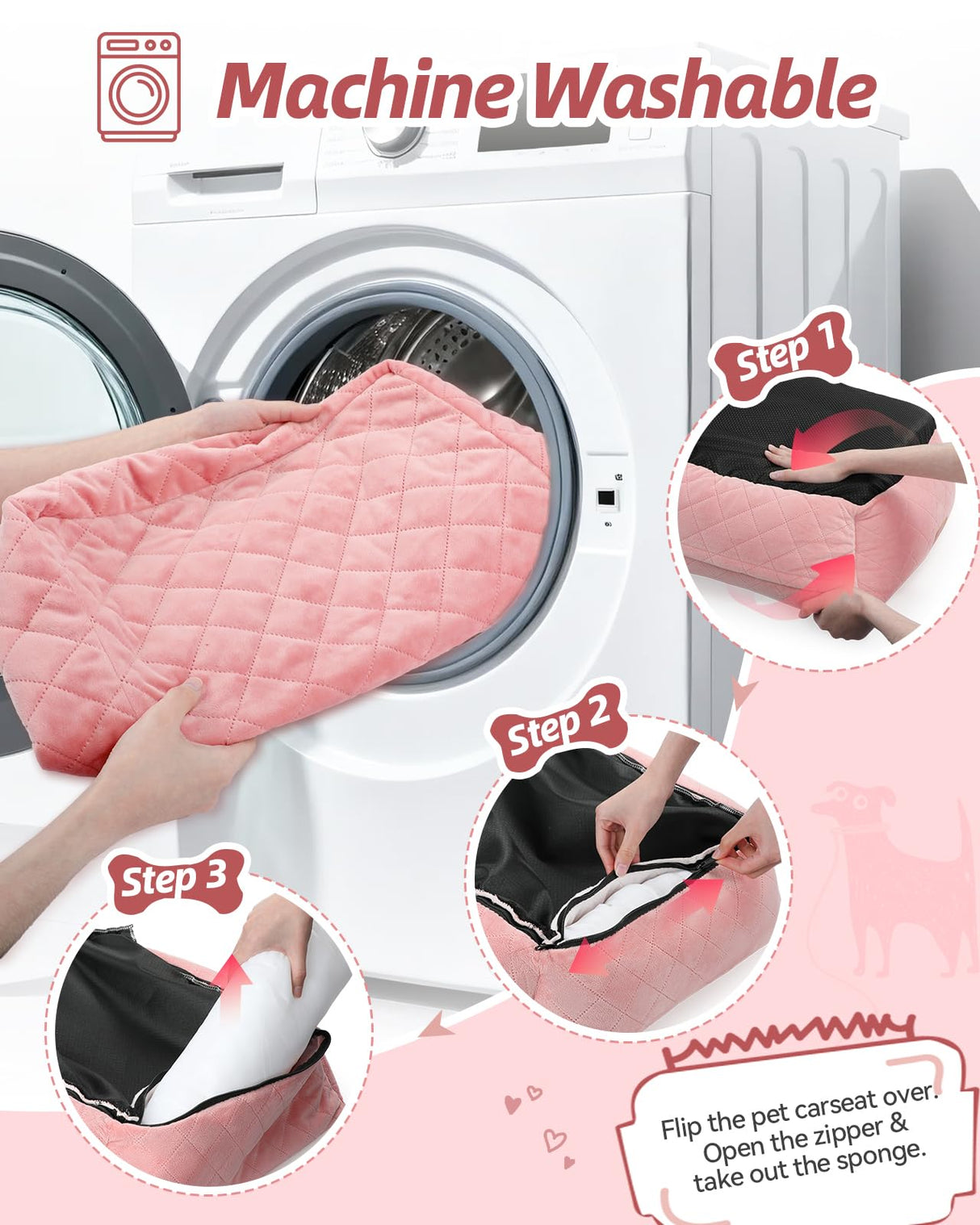 WOOAIDAGG Dog Car Seat for Small Dogs Up to 25lbs,Soft Washable Fabric Fill in Memory Foam,Easy to Assemble with 2 Clip-On Safety Leashes and Storage Pockets,Front or Back Seat are Both OK (Pink)