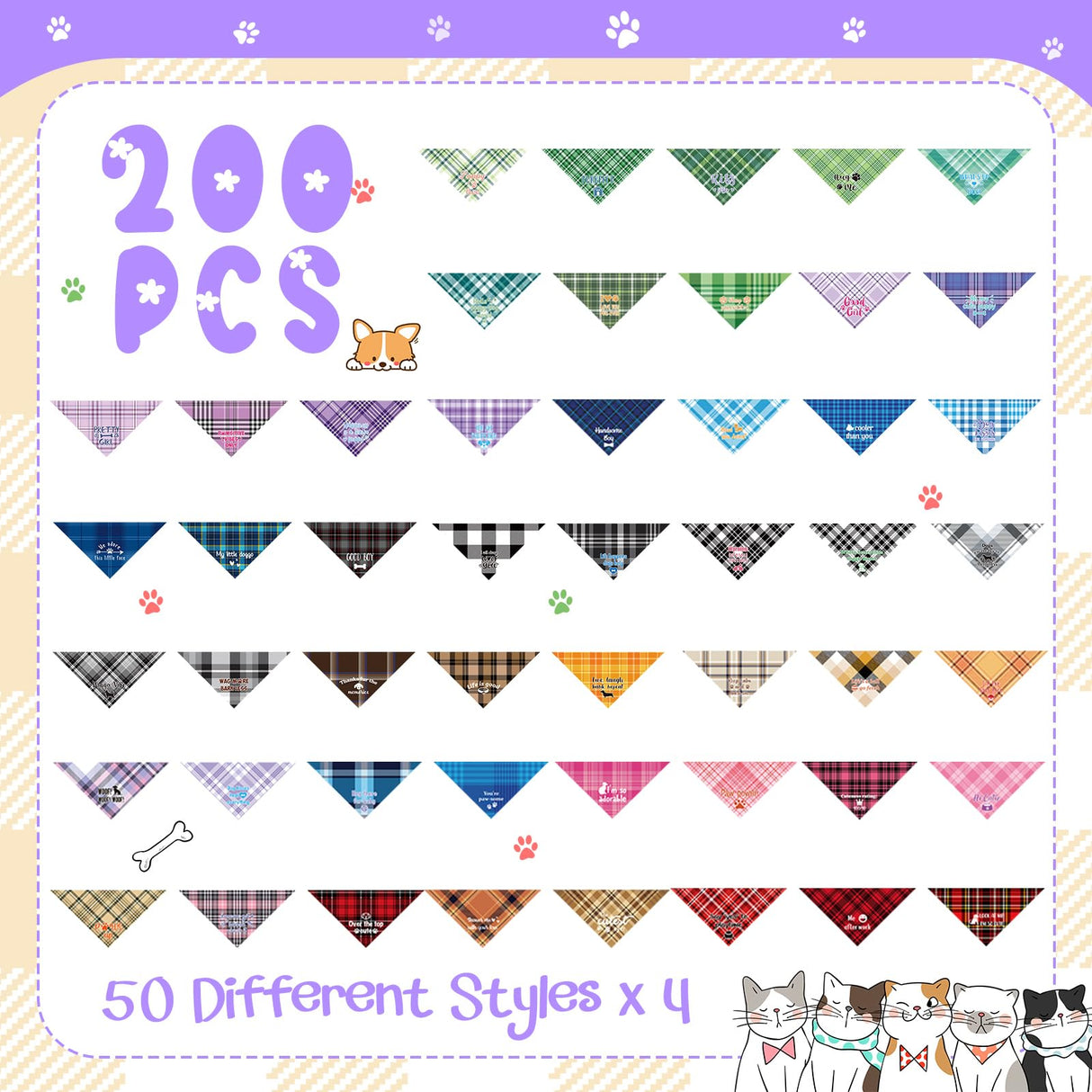 Locmeo 200 Pcs Dog Bandana Bulk Summer Plaid Grooming Pet Bandanas with Cute Sayings for Small to Large Dog Puppy Scarf Spring Holiday Costume Birthday Supplies for Small to Large Cats(Adorable Style)