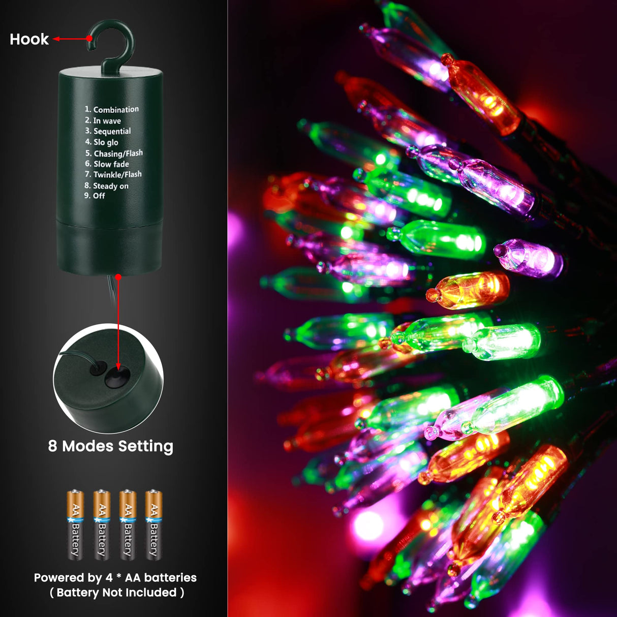 Halloween String Lights,33ft 100 LED Halloween Decorative Lights with 8 Modes & Timer, Waterproof Battery Indoor Mini Lights Orange String Lights for Halloween Decorations(Orange & Purple & Green)