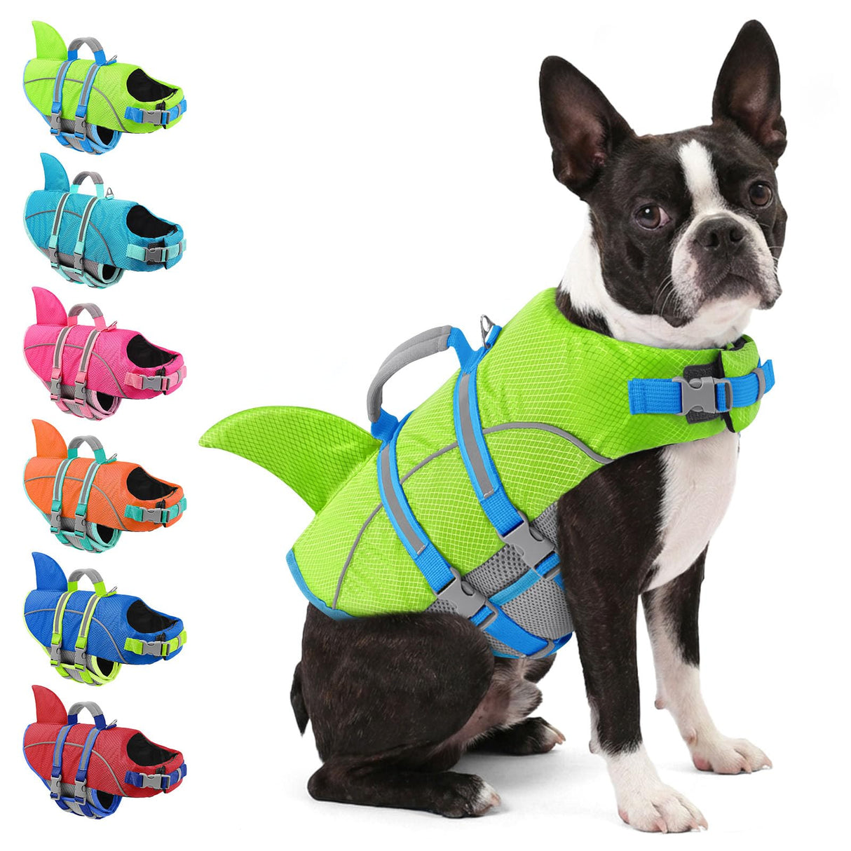 AOFITEE Medium Dog Life Jacket, Shark Life Jackets for Swimming Boating, Reflective Dog Swimming Vest with High Buoyancy, Pet Life Preserver with Rescue Handle for Medium Pets (Green M)