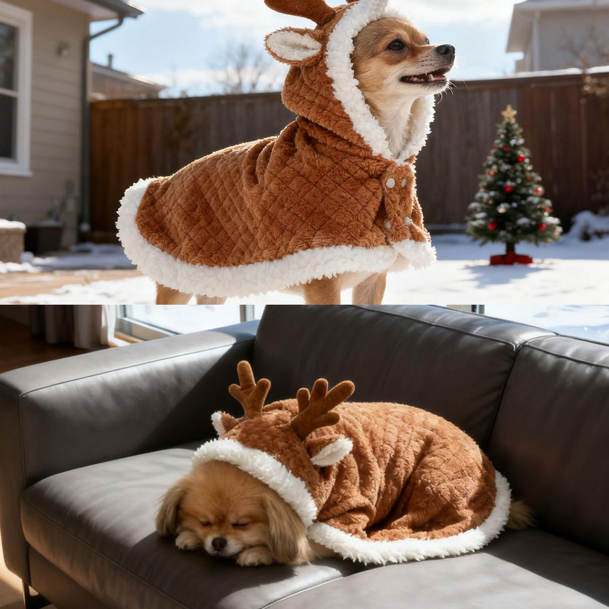 EXPAWLORER Dog Christmas Costume Winter Coat with Hat, Fleece Warm Elk Pet Cloak Cape Blanket with Antlers for Cold Weather, Thicken Dog Sweater Jacket Clothes for Small Medium Large Dogs Cats BrownXL