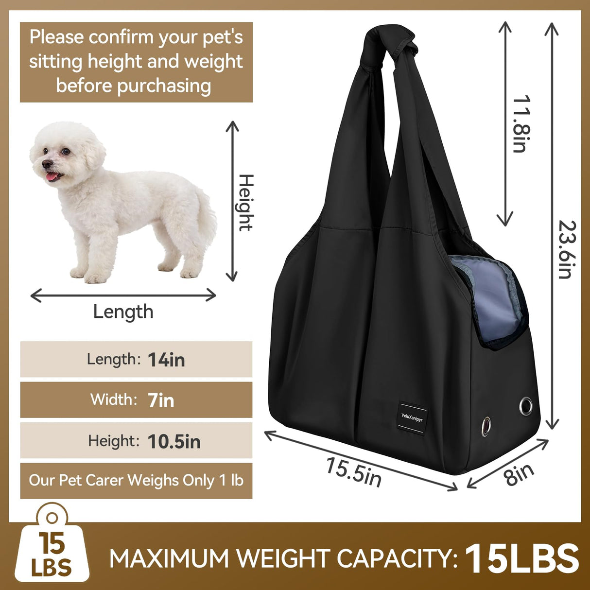 VeluXanipyr Dog Purse Carrier, Small Dog Cat Puppy Outdoor Portable Bag, Foldable Breathable 3‑Speed Zipper Access Pet Travel Bag with Large-Capacity Pockets, 15 lbs Capacity,Black