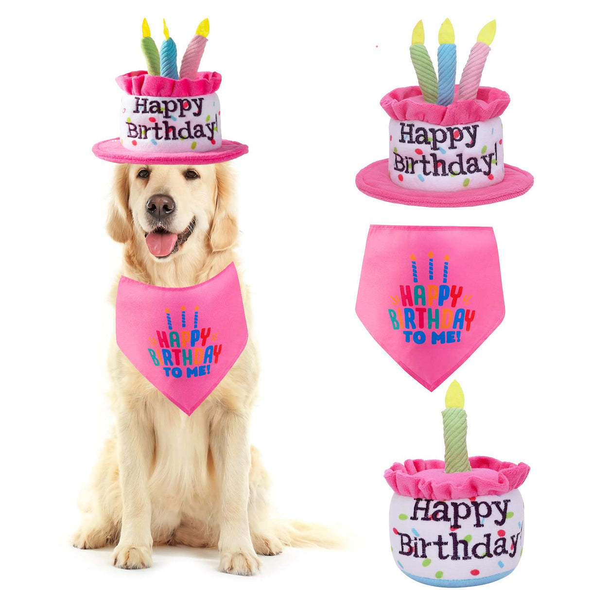 Large Dog Birthday Cake Hat & Bandana Scarfs & Birthday's Cake Squeaky Toys Set Blue, Handmade Dog Happy Birthday's Hat with Colorful Candles, Large Dogs Birthday Party Supplies Decorations, Pink