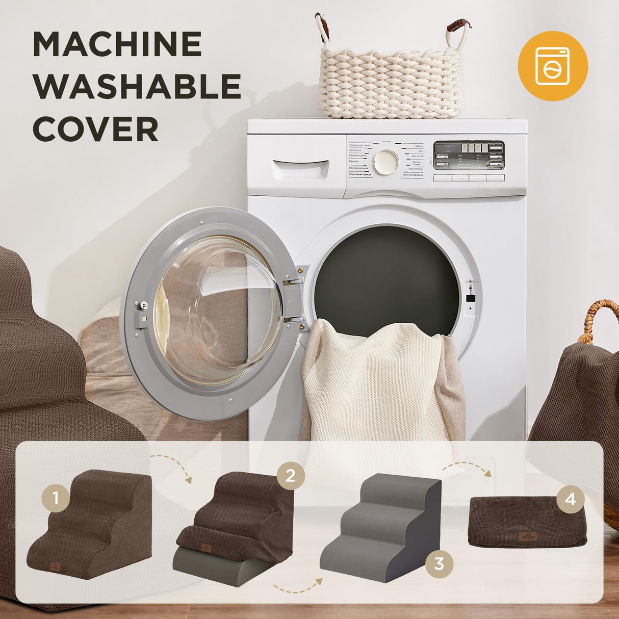 Joydeco Dog Stairs for Bed 17.1" H, 3-Step Pet Steps for Small Dogs and Cats, Dog Steps for High Bed, Non-Slip Balanced Ramp Indoor Pet Stairs, Brown