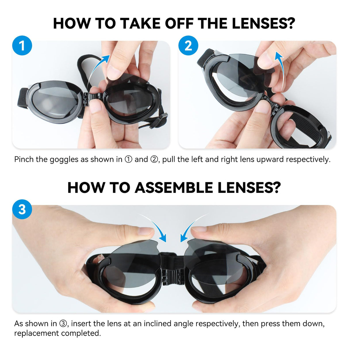 Lesypet Dog Goggles with Replaceable Lenses for Medium Large Breed, Anti-UV Wind Protection Dog Sunglasses Outdoor Motorcycling Driving Eye Protection Pet Sunglasses, Black