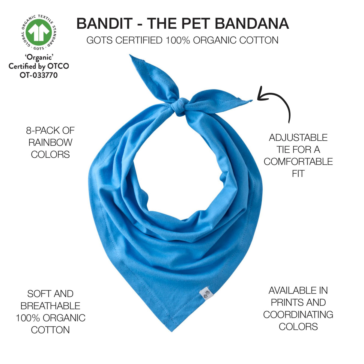 Pet Passion Bandit - The PET Bandana, 8 Pack 100% Organic Cotton Pet Bandanas Clothes for Small, Medium, Large Dogs, Rainbow Blue, Medium/X-Large