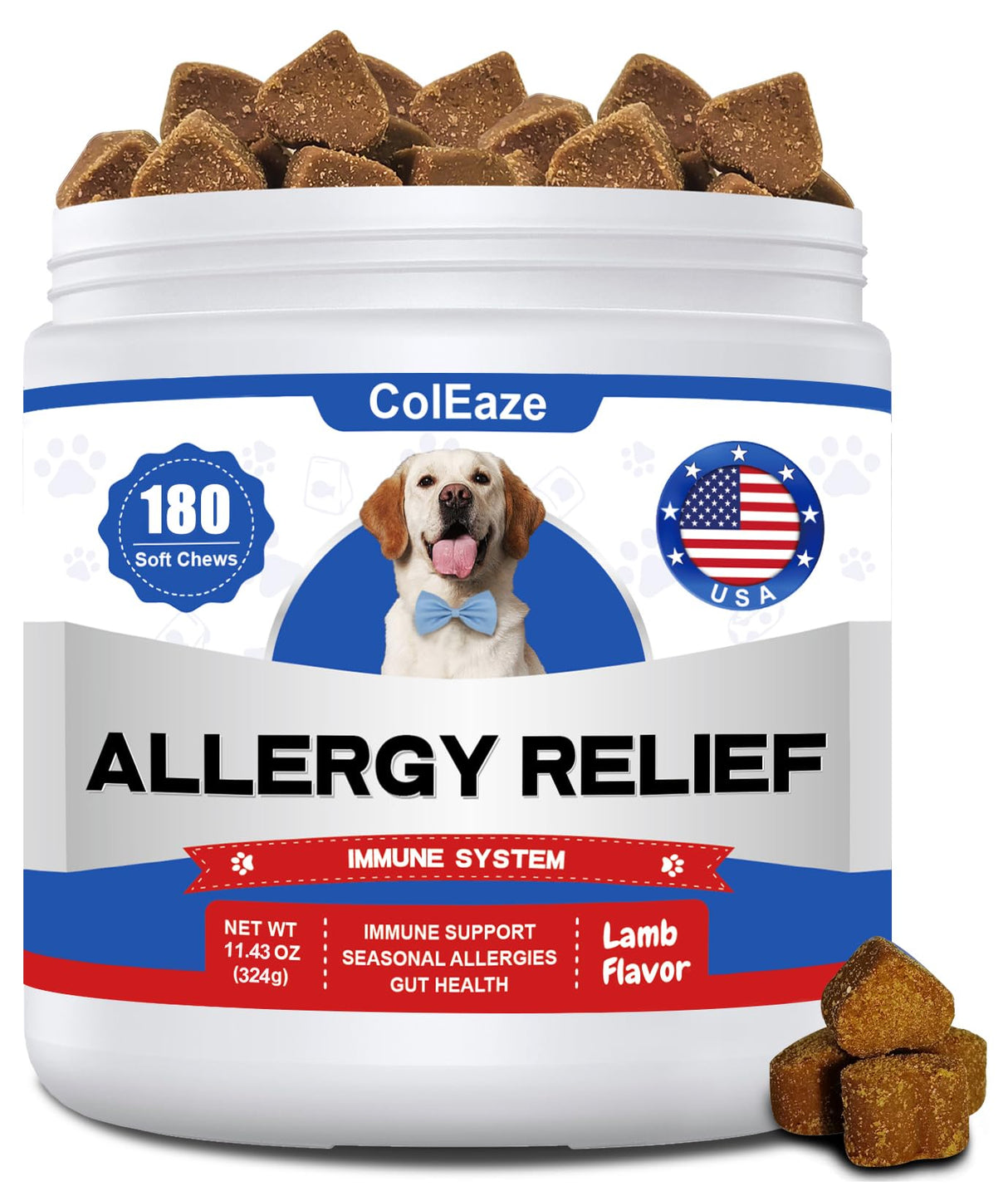 Dog Allergy Chews 180PCS Omega 3 Fish Oil Anti-Itch Treats Skin & Coat Supplement with Colostrum Probiotics Dog Itching Skin Relief Dry Skin Itchy Licking Seasonal Allergies Immune Support