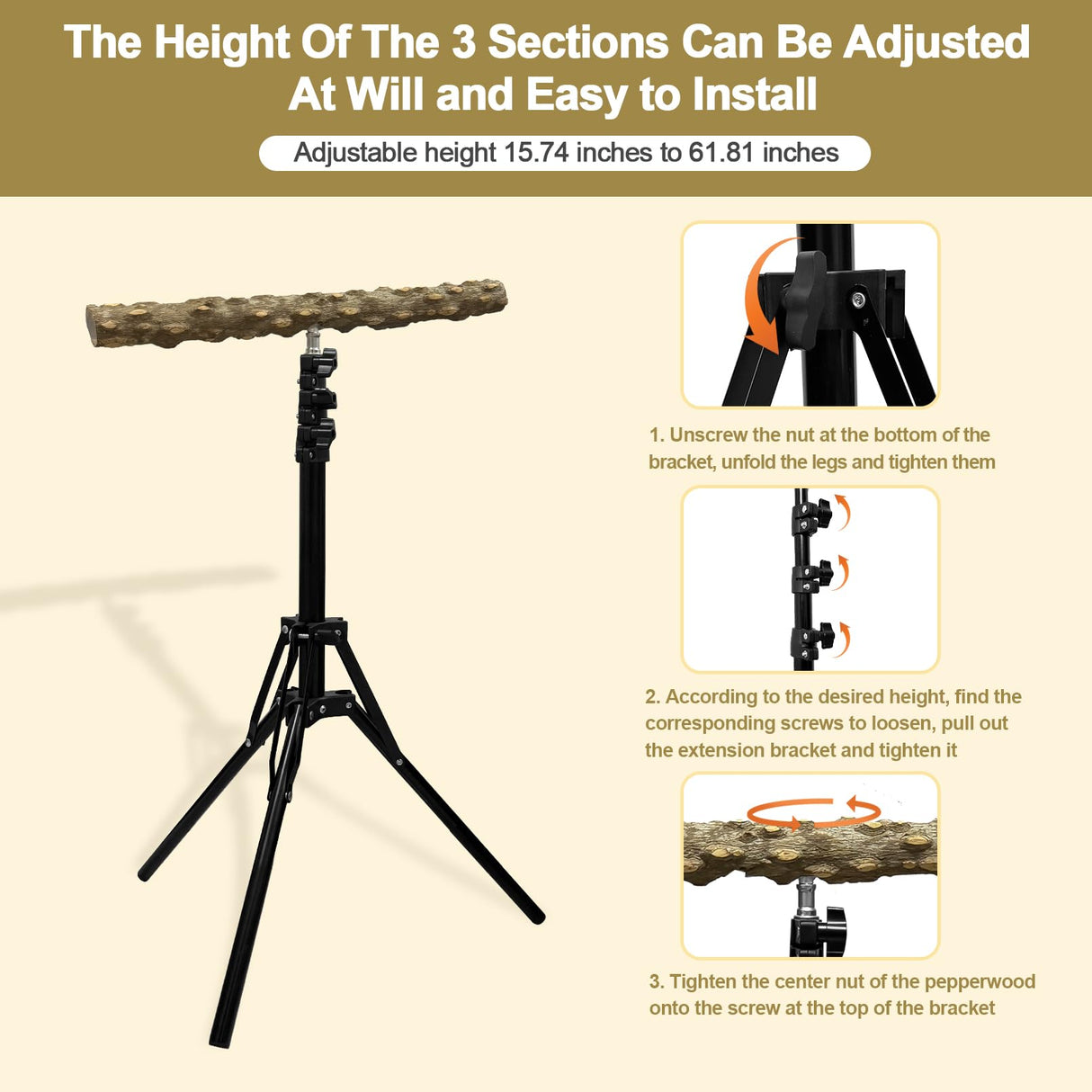 Arfubye 16-63 Inch Height Adjustable Bird Perch Pepper Wood Bird Training Perch Stand Parakeet Perches Indoor and Outdoor Parrot Stands for Small to Medium Bird