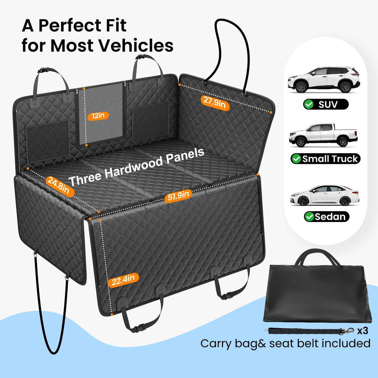 REEVAA 2.0 Hard Bottom Back Seat Extender for Heavy-Duty Dogs, Dog Car Seat Cover with Cushion Sponge, Waterproof Dog Hammock with Mesh Window for Car, Universal Fits for SUV/Small Truck, L, Black