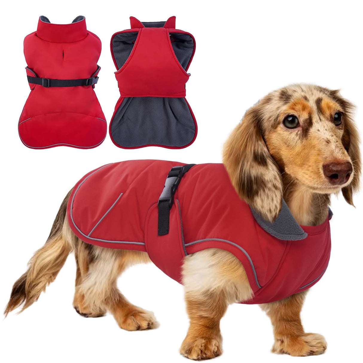 Tiny Dachshund Coat with Warm Fleece Lining, Mini Weiner Vest Jackets, Waterproof & Windproof Wiener Winter Clothes, Outdoor Clothes for Small Dachshunds Puppy, Boys & Girls Long Back Dogs(Red, XS)