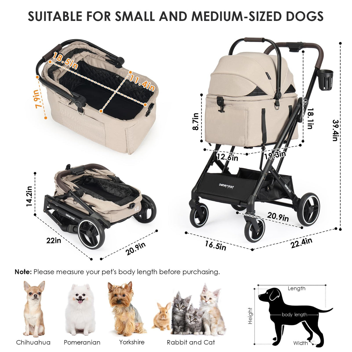 Beberoad Pets X2 Pet Stroller, Dog Cat Stroller for Small Pets, Equipped with Detachable & One-Click Folding Carrier, Waterproof Pad & Sunshade Canopy,Camel