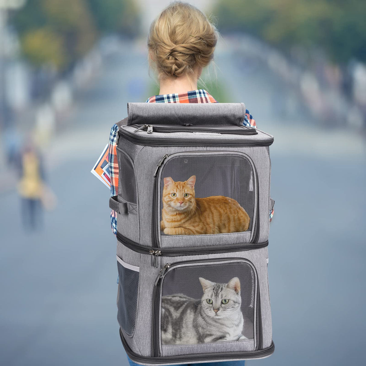 VOISTINO 2-in-1 Double Pet Carrier Backpack for Small Cats and Dogs, Portable Pet Travel Carrier, Super Ventilated Design, Ideal for Traveling/Hiking/Camping, Large Size