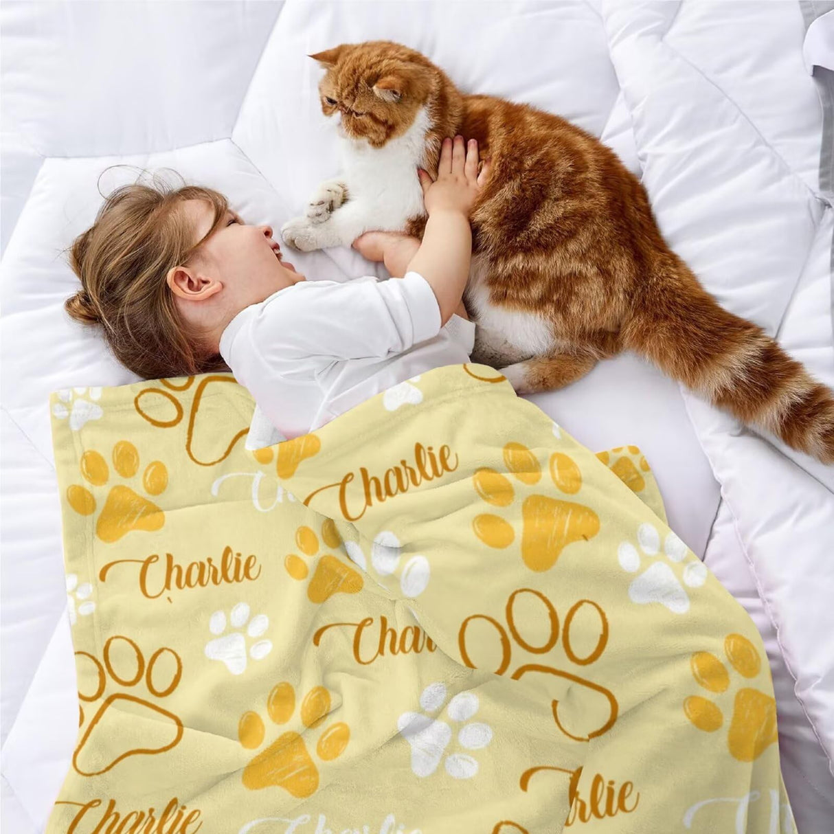Custom Dog Blankets with Pet Name Personalized Yellow Paw Dog Blanket, Customized Dog Blanket for Medium Puppy Small Large Dogs, Washable All-Season Air-conditioned Rooms Blankets Dog Gifts 60" x 80"
