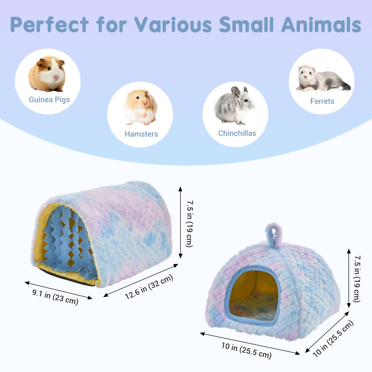 Avont 2 Pack Guinea Pig Hideout Bed and Tunnel Toys Set with Curtain, Washable Soft Plush Bunny Hideaway House Tube Cage Accessories for Small Animal Pet, Rabbits Chinchilla Hamster Ferret Rat -Blue