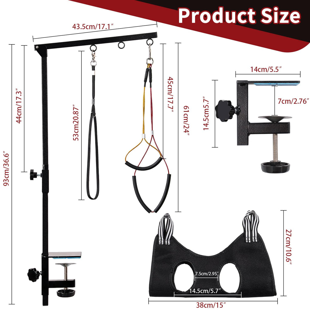 Phenfor Dog Grooming Table Arm with Hammock - Adjustable Height, Pet Grooming Hammock, No Sit Haunch Holders, Loop Noose Heavy-Duty Clamp (Black)