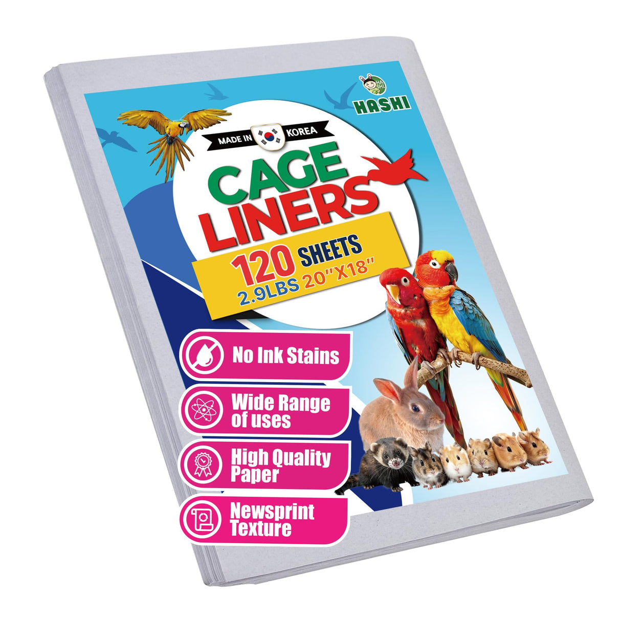 HA SHI Bird Cage Liner - 120 Paper Sheets, 20" x 18", 2.9 lb - Suitable for Pet Habitats, Bulk Quantity for Extended Use, Newsprint Texture, Parcel Packaging