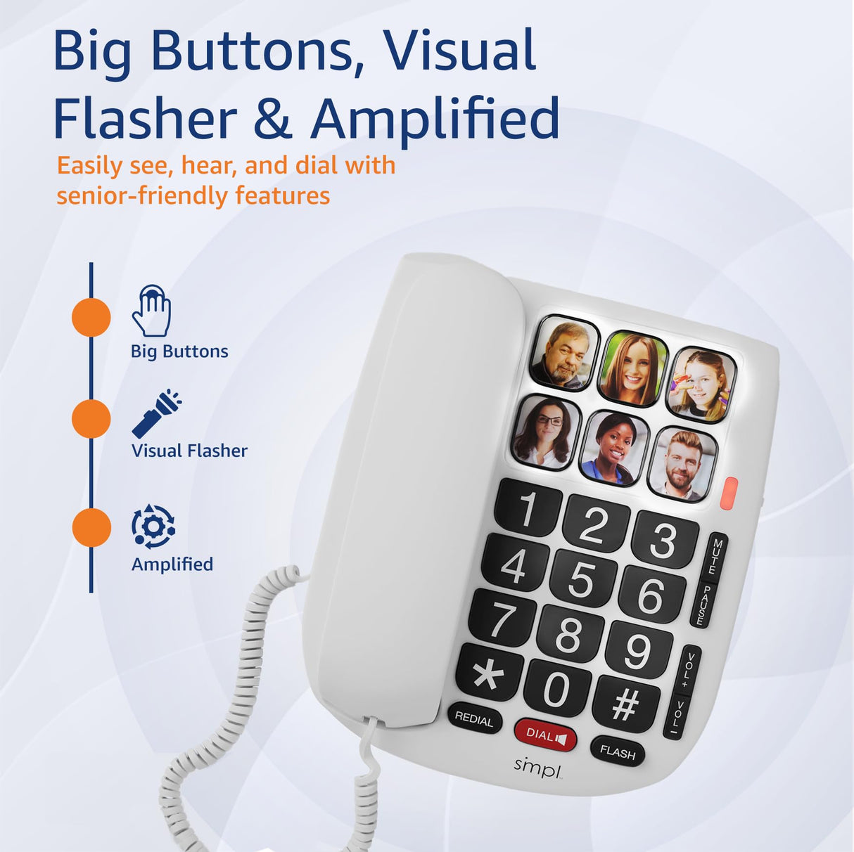 SMPL Big Button Phone for Seniors, Simple Corded Landline Home Telephone for Elderly, Handicap, Alzheimer’s, Dementia, Hearing & Vision Impaired 56010