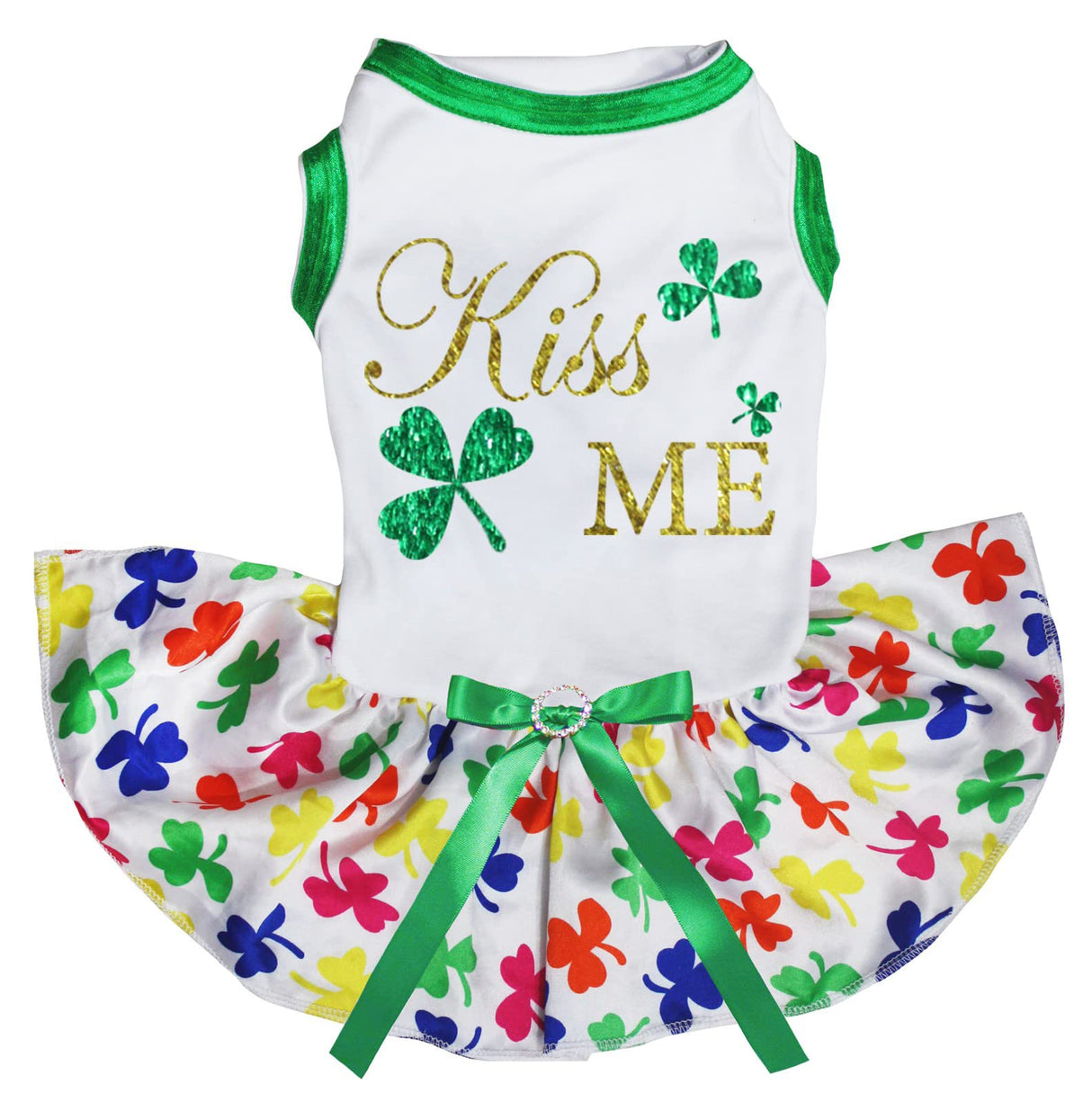 Petitebella Kiss Me Clovers Puppy Dog Dress (White/Rainbow Clovers, XXX-Large)