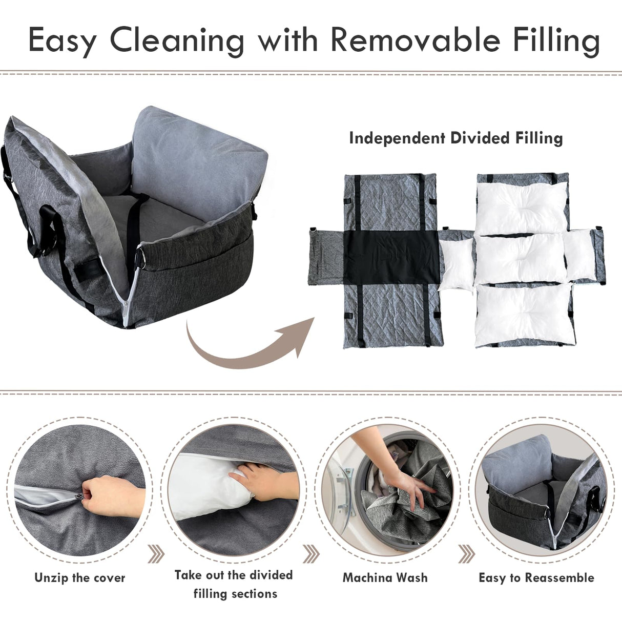 LELEFIDO Dog Car Seat for Small/Medium Dogs Under 40 lbs - Elevated Pet Seat with Safety Belt, Non-Slip Base, and Storage Pockets for Car Travel (Gray, 30 x 20.5 inch)