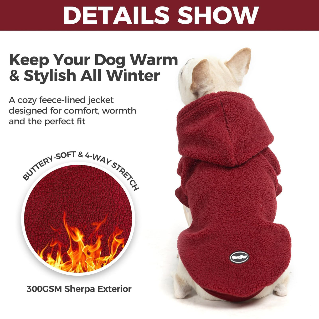 BINGPET Dog Hoodie for Large Medium Small Dogs, Sherpa Hooded Dog Sweater with Pocket Leash Hole for Boy Girl Dogs,Soft Warm Fleece Dog Winter Clothes Cold Weather Coats Jacket for Puppy Sweatshirt,L