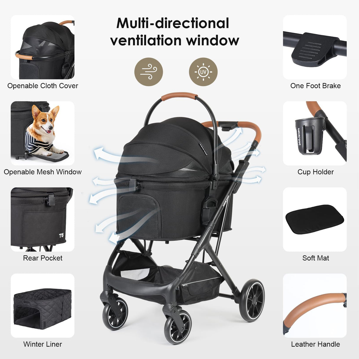 Beberoad Pets T6 Luxury Pet Stroller for Medium Dogs Up to 66lbs or 2 Small Pets – 3-in-1 Dog & Cat Stroller with Removable Carrier, Foldable & Lightweight (Black)