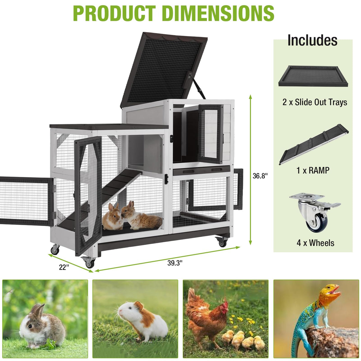 Gutinneen 2-Story Rabbit Hutch Bunny cage with Chew-Proof Ramp, Locking Leak-Proof Trays - Indoor/Outdoor 39.3" Wooden Rabbit Cage with Wheels for Rabbits, Guinea Pigs, Small Animal (Black and White)