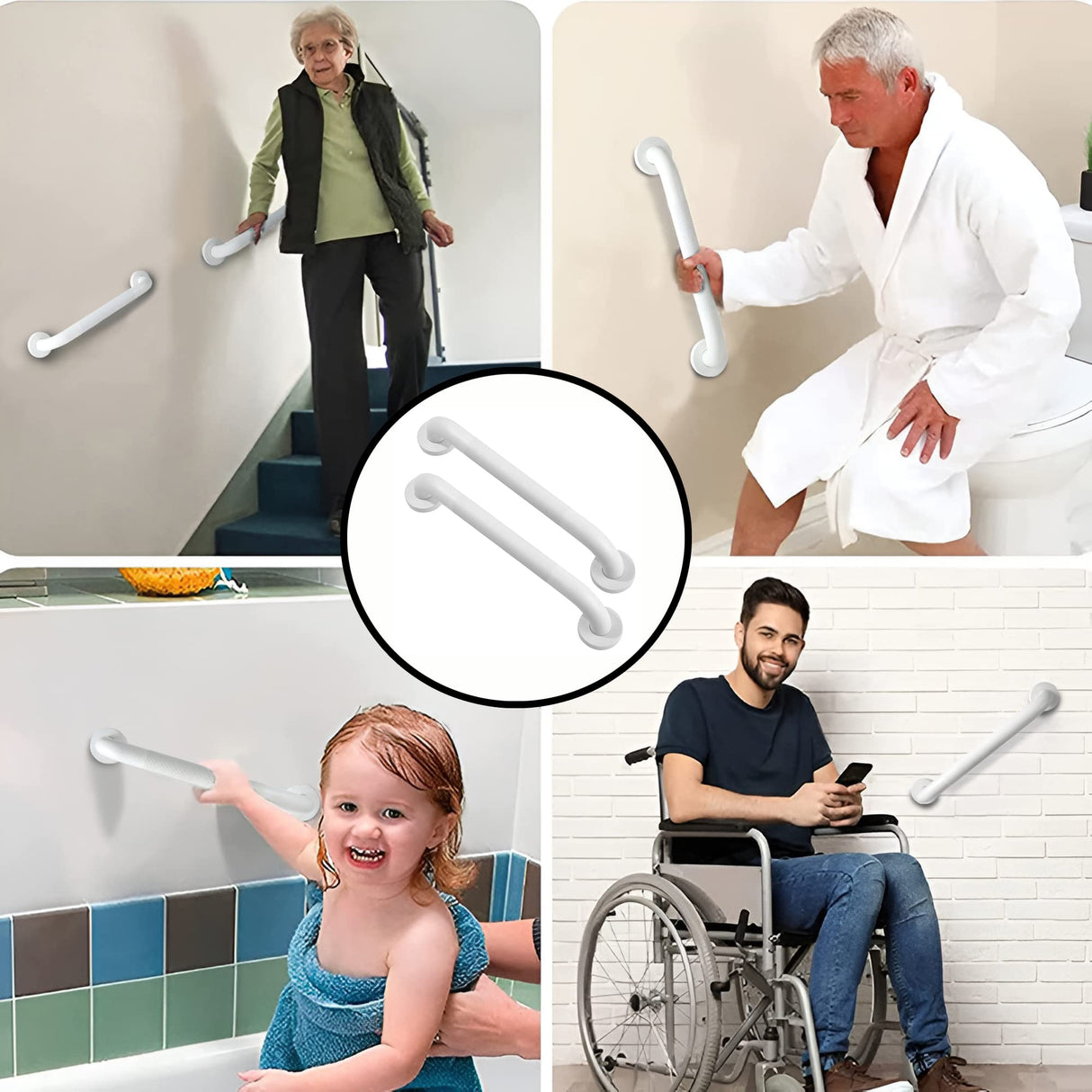 Rackickyer Shower Grab Bar, 2 Pack 12 Inch White Bathroom Grab Bar, 1.25" Diameter 304 Stainless Steel Anti-Slip Grab Bars for Bathtubs and Showers, Handicap Shower Grab Bar for Seniors Elderly