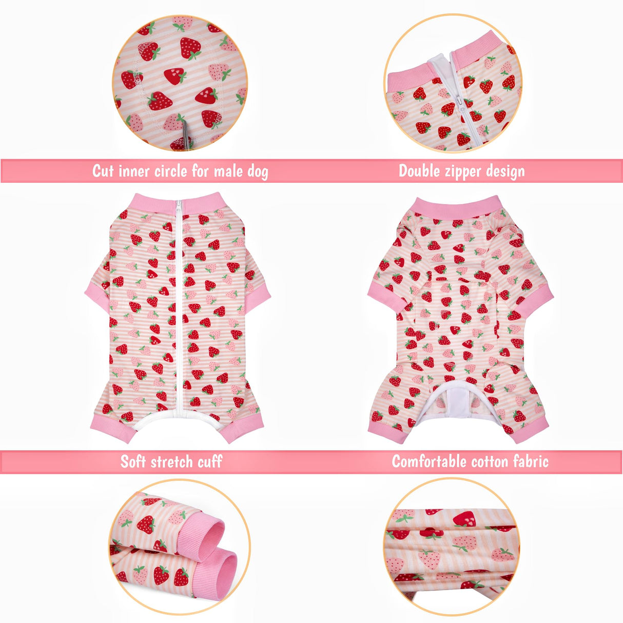Pupsooft Recovery Suit for Dogs Full Zipper, Four-Legged Onesie Dog Recovery Suit After Surgery Cute Soft Bodysuit Cone Alternative Male Female Neuter Anti Licking Wounds (Pink Strawberry, Large)