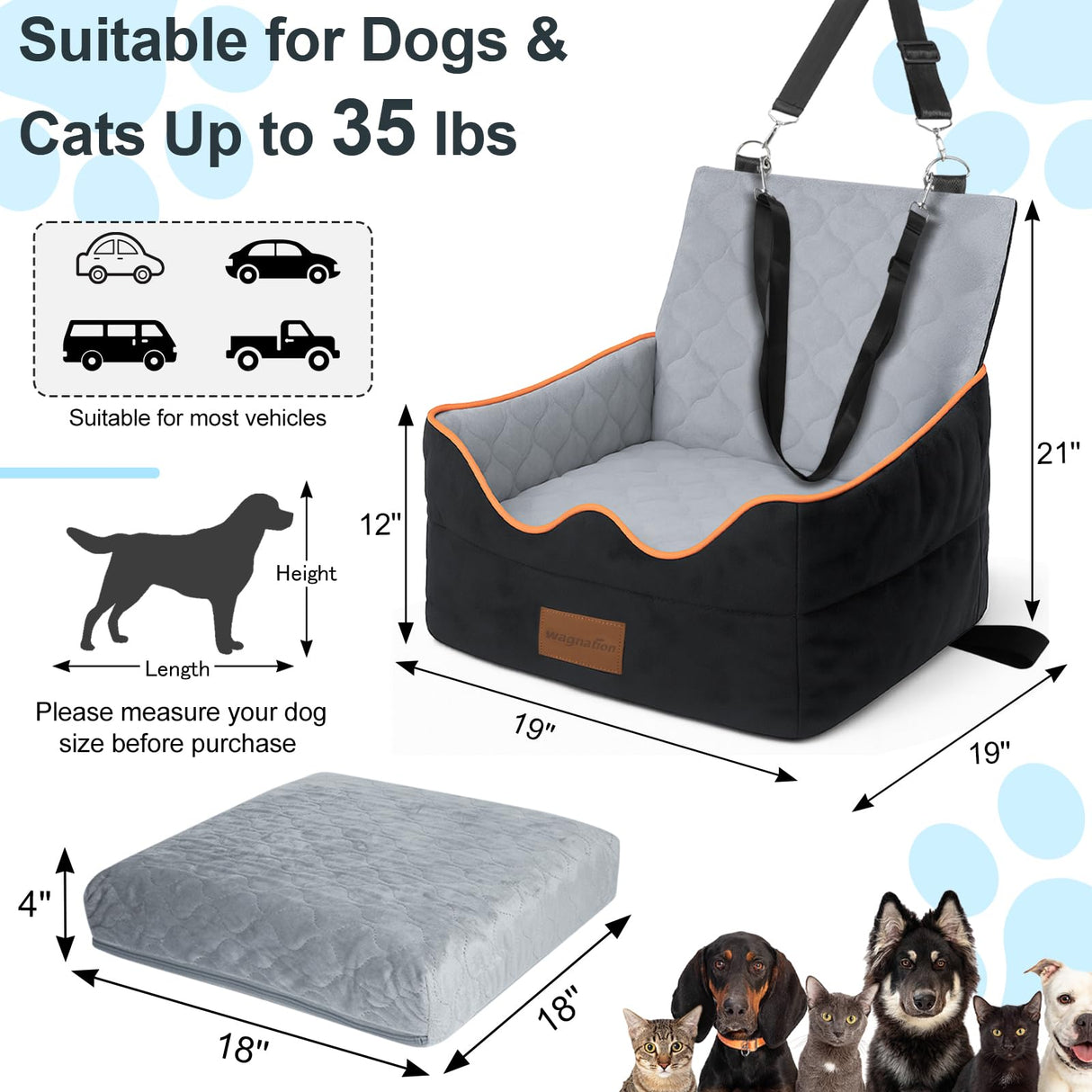 wagnation Dog Car Seat for Small/Medium Dogs Under 35lbs, Pet Booster Seat with 4In Memory Foam Cushion, Fully Detachable and Washable, Travel Dog Carseat with Storage Pocket and Safety Belt