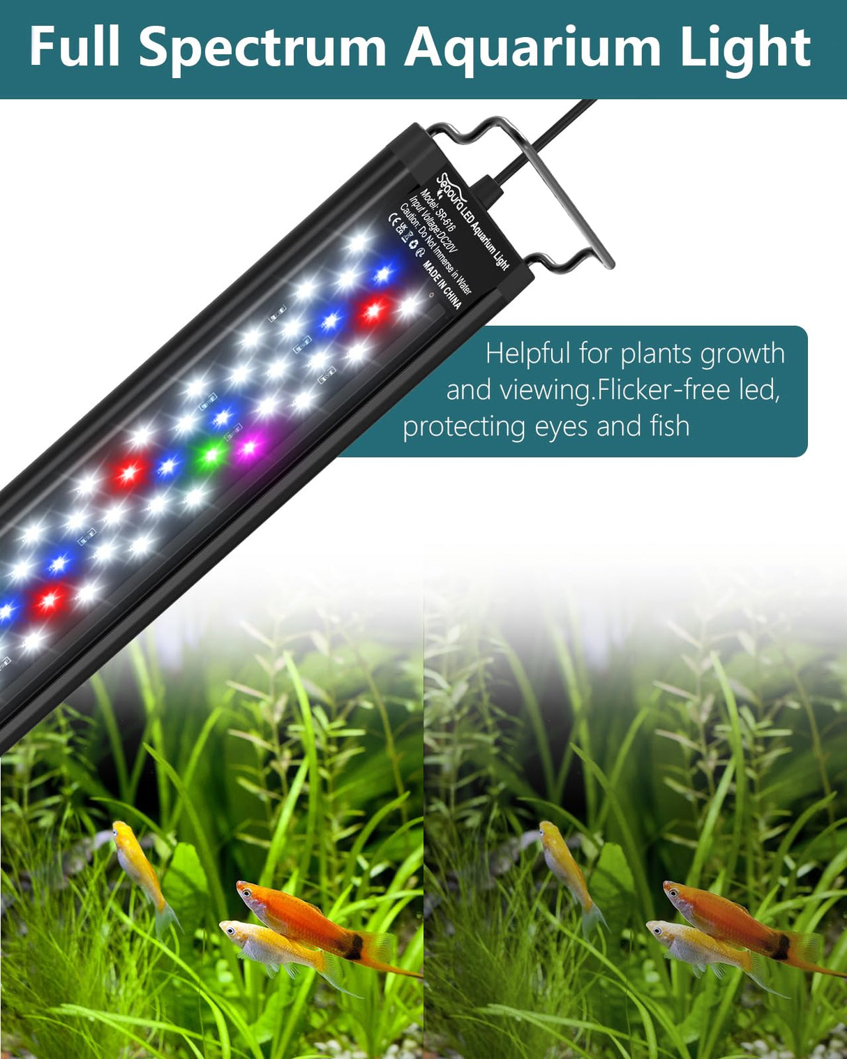 SEAOURA Led Aquarium Light for Plants-Full Spectrum Fish Tank Light with Timer Auto On/Off, 12-18 Inch, Adjustable Brightness, White Blue Red Green Pink LEDs with Extendable Brackets for Freshwater