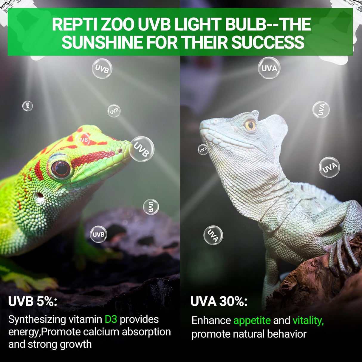 REPTI ZOO UVB Light for Tropical Reptile, 2 Pack 5.0 15W UVA UVB Reptile Light Bulb, UVB Lamp for Crested Gecko Leopard Gecko Frog Toad Snake Chameleon
