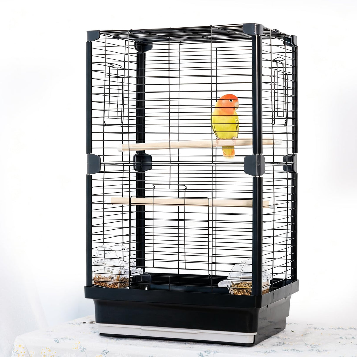 25 inch Bird Cage, Portable Travel Parrot Cage, Double-Layer Parakeet Cage, for Temporary Pet Accommodation, Trip to Vet, Short Trip, Camping, Black
