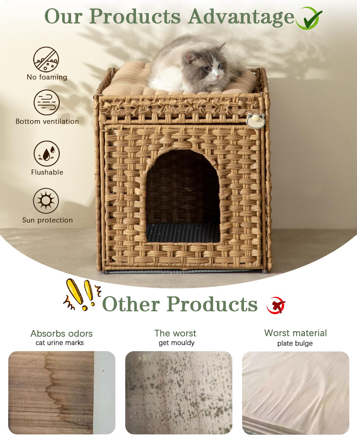 SETVSON Cat Litter Box Enclosure Furniture, Hidden Litter Box with Mat and Fence, Handwoven Rattan Cat House with Two S-Shaped Hooks for Living Room, Bedroom, 18.5 x 20.5 x 19.1 Inches (Natural)