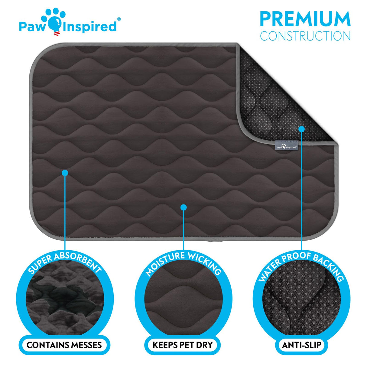 Paw Inspired Washable Padded Crate Mats for Dogs | 41” x 28” Pad, Fits 42-inch Kennels | Leakproof, Waterproof Bottom, Plush Pet Beds (Gray)