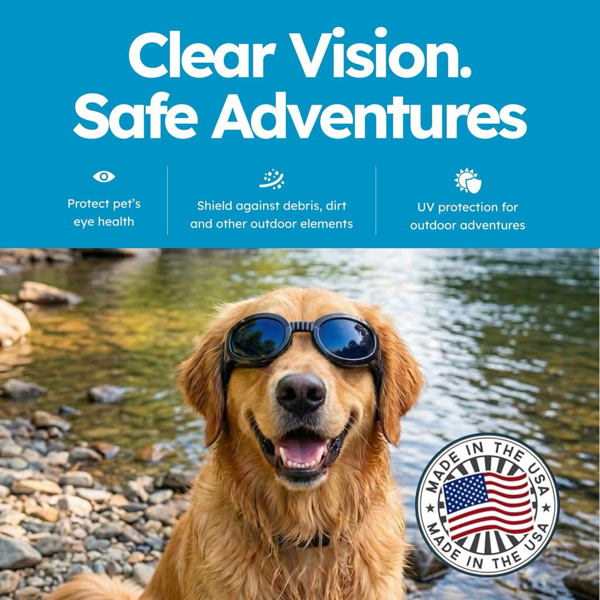 PetSpex® Dog and Cat Sunglasses, Pet Goggles with UV Protection, Windproof Water Resistant Pet Glasses with Adjustable Head and Chin Straps for Outdoor Adventures, Small, Black