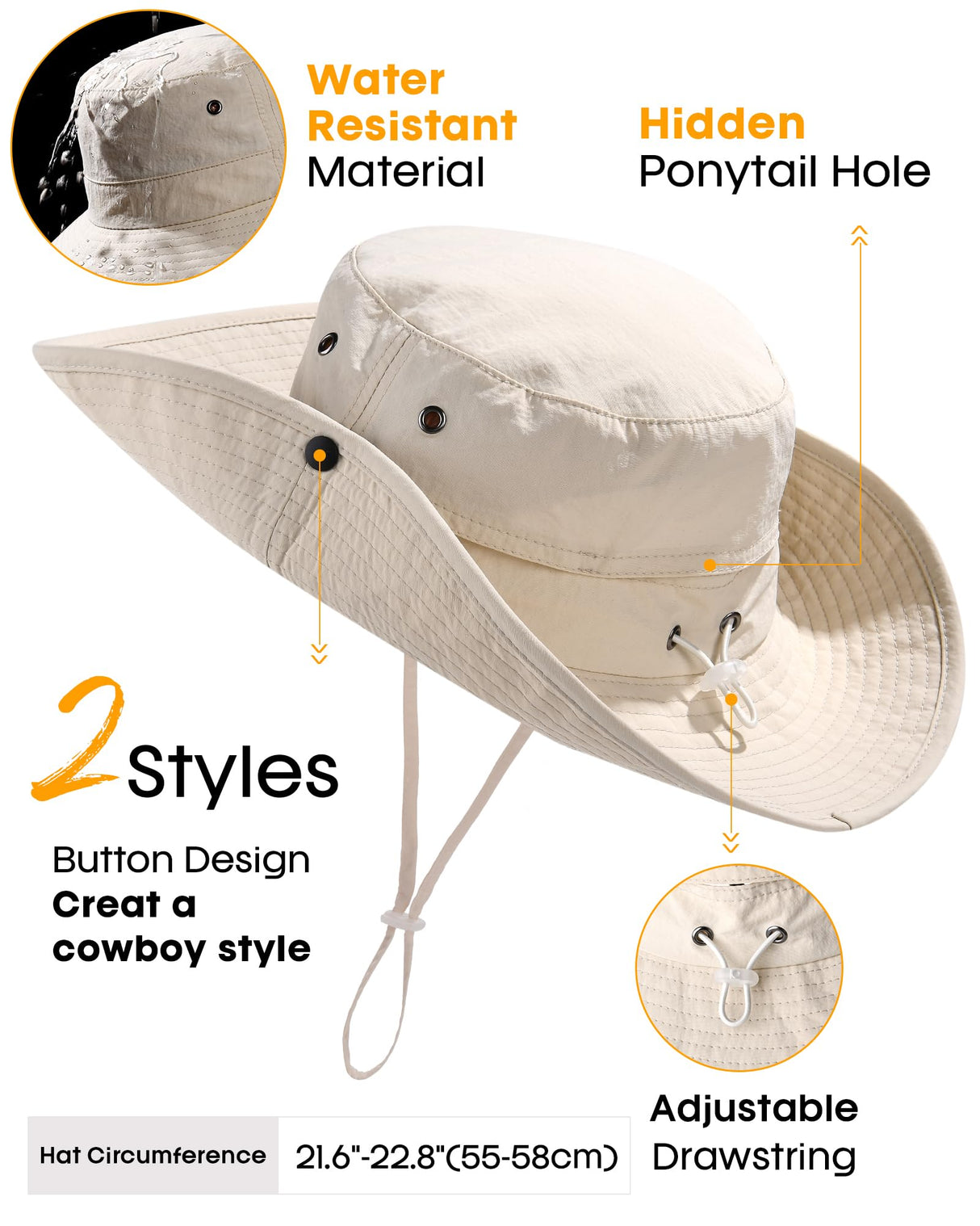FURTALK Sun Hats for Women Ponytail UV Protection Beach Summer Hat Wide Brim Packable Cowboy Hat Beige