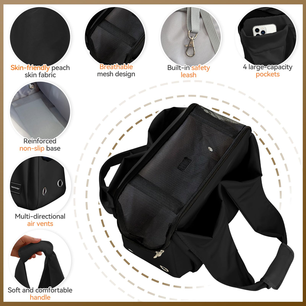 VeluXanipyr Dog Purse Carrier, Small Dog Cat Puppy Outdoor Portable Bag, Foldable Breathable 3‑Speed Zipper Access Pet Travel Bag with Large-Capacity Pockets, 15 lbs Capacity,Black