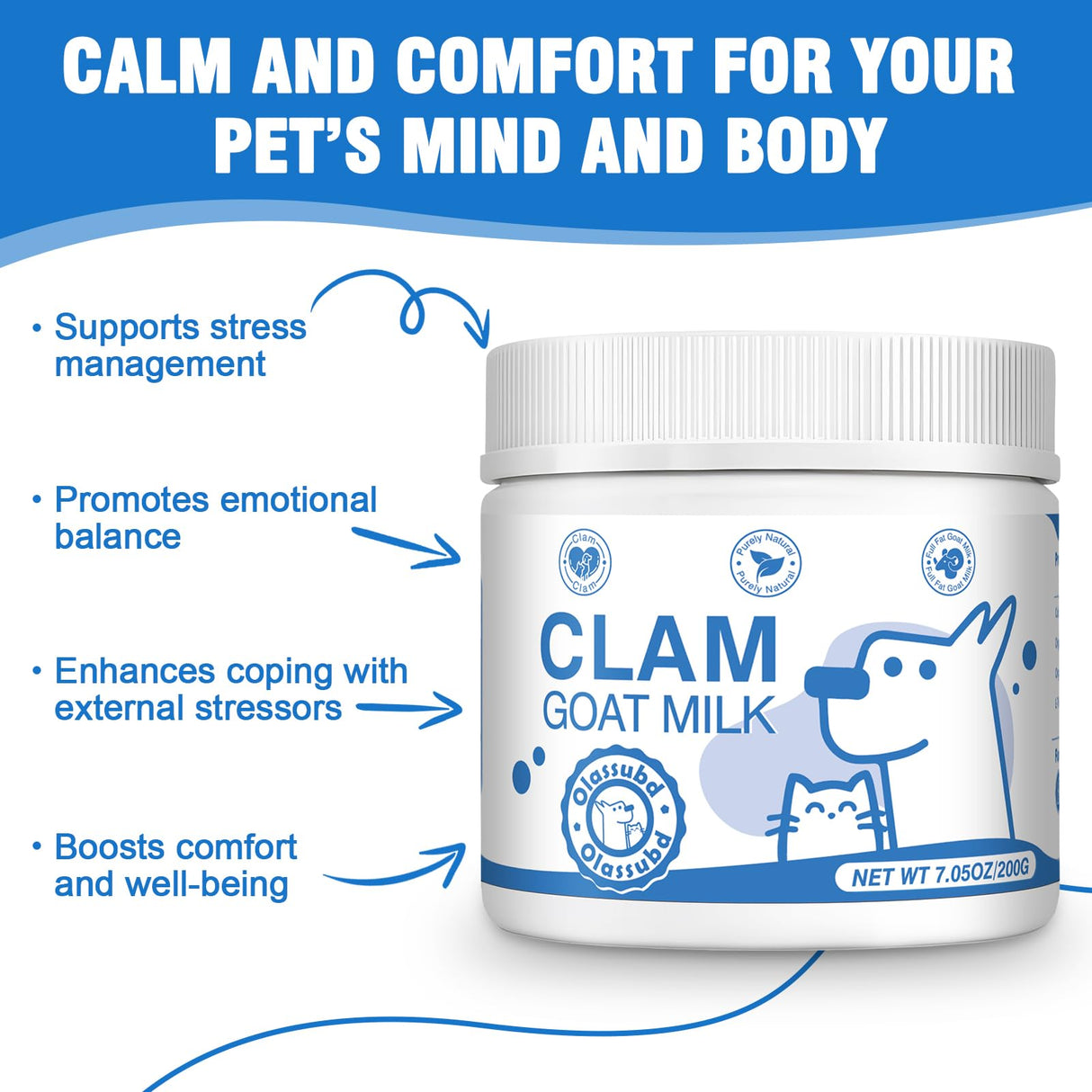 Olassubd Goat Milk Powder Cat & Dog Calming Pet Goats Milk Calm Treats Anxiety Relief Contains GABA Designed for Pets with Anxiety Stress and Hyperactivity Supports Immune Skin and Bone Health