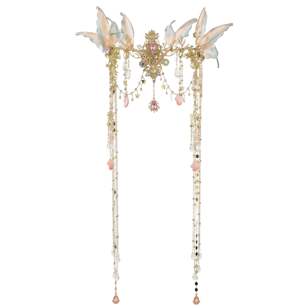 FRESHME Renaissance Butterfly Elf Fairy Crown - Fairy Headband with Pink Butterfly Wings Elf Headpiece with Tassel Elven Tiara Wedding Renfaire Dress Up Cosplay Christmas Accessories for Women