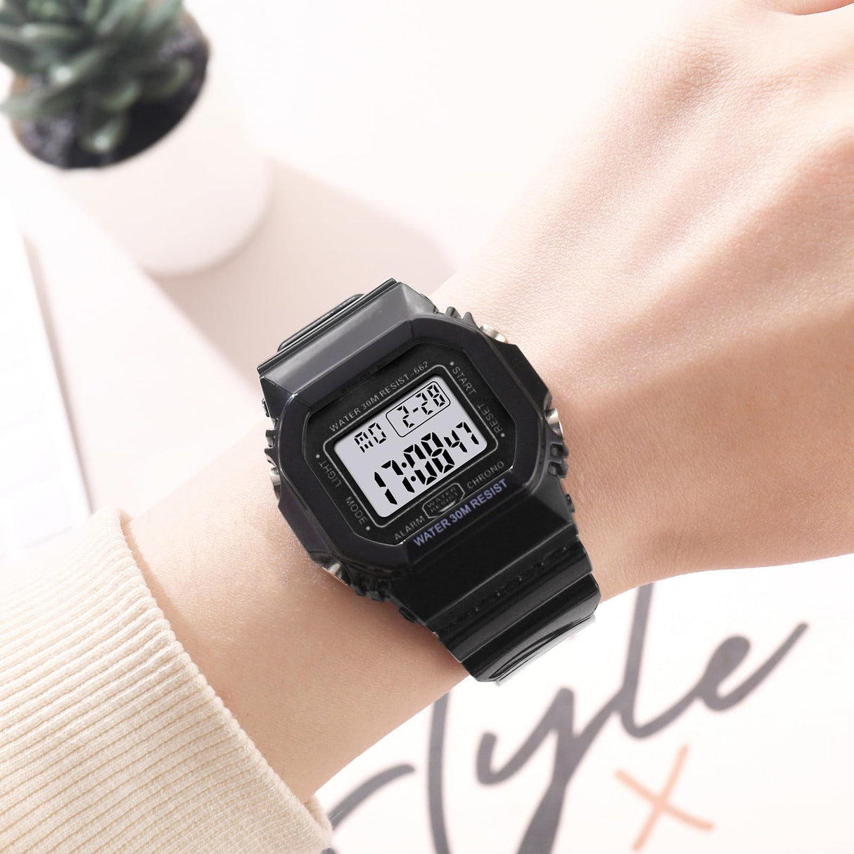Women Digital Watch Sport Resistant Outdoor Waterproof Electronic Watch with Alarm, Stopwatch, Luminous Night Light Men Military (662 Black)