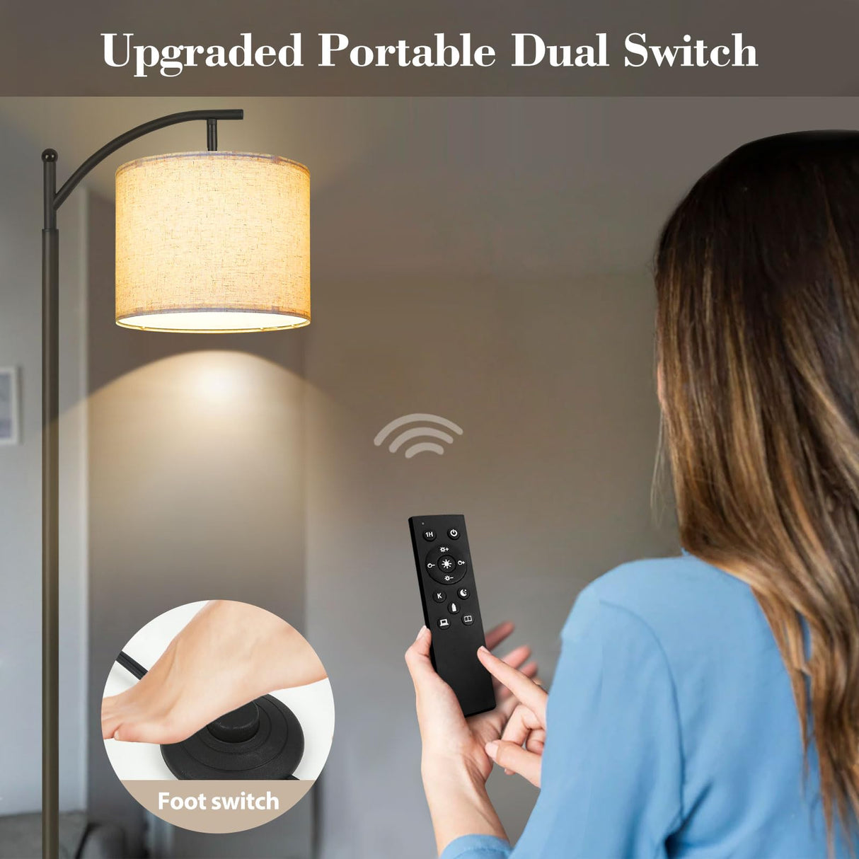 PESRAE Arc Floor Lamp with Remote Control, 9W/1000LM Stepless 3000K-6000K LED Bulb Included, Standing Lamp with Tall lamp with Adjustable Linen Lampshade for Bedroom,Living Room