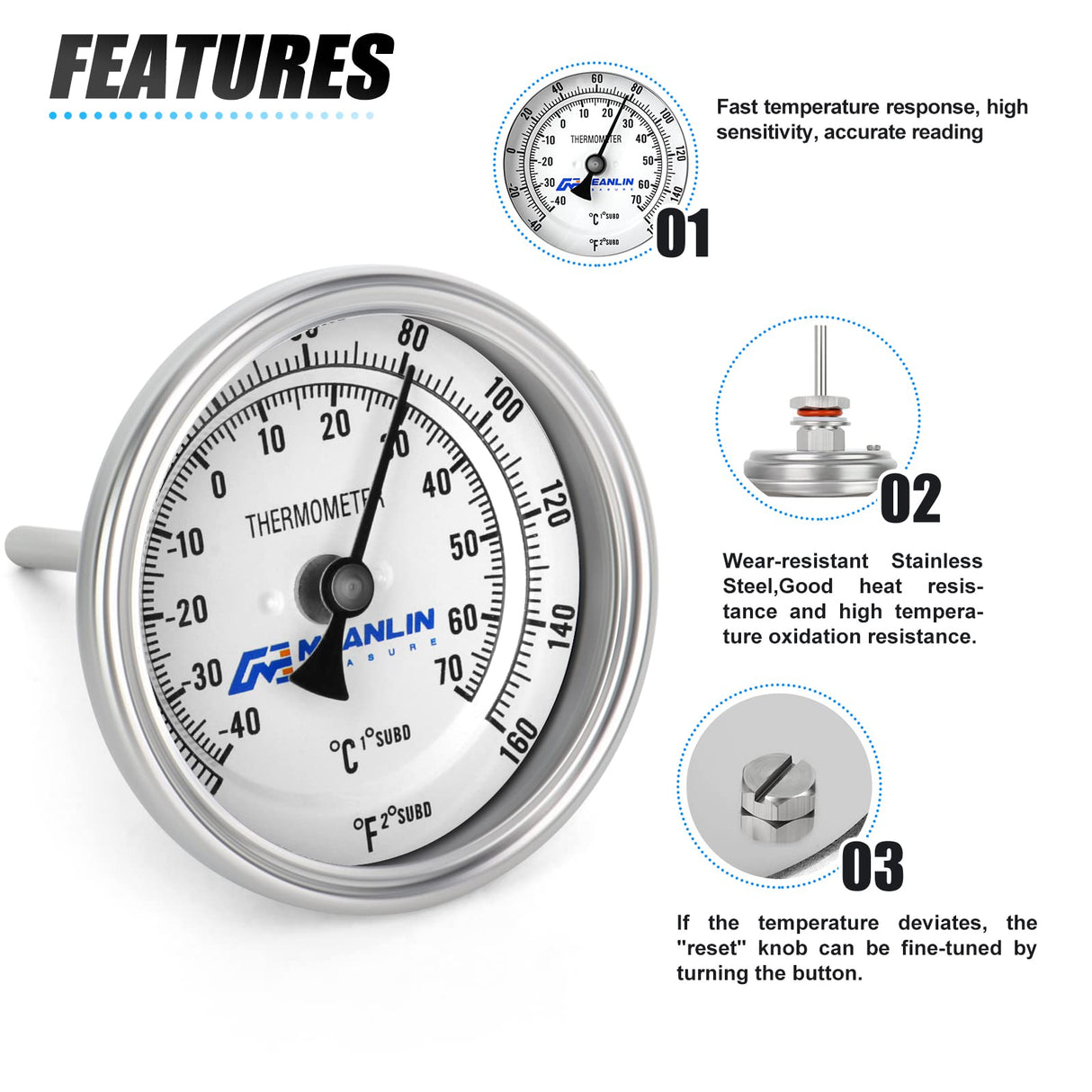 MEANLIN MEASURE 1/2" NPT Bimetal Thermometer for hot Water, boilers, and Pipes,3.3" Dial, 1-7/8" Stainless steel Stem,Temperature Range -40-160°F/-40-70 ° C, Accuracy 2%,Center Back Mount