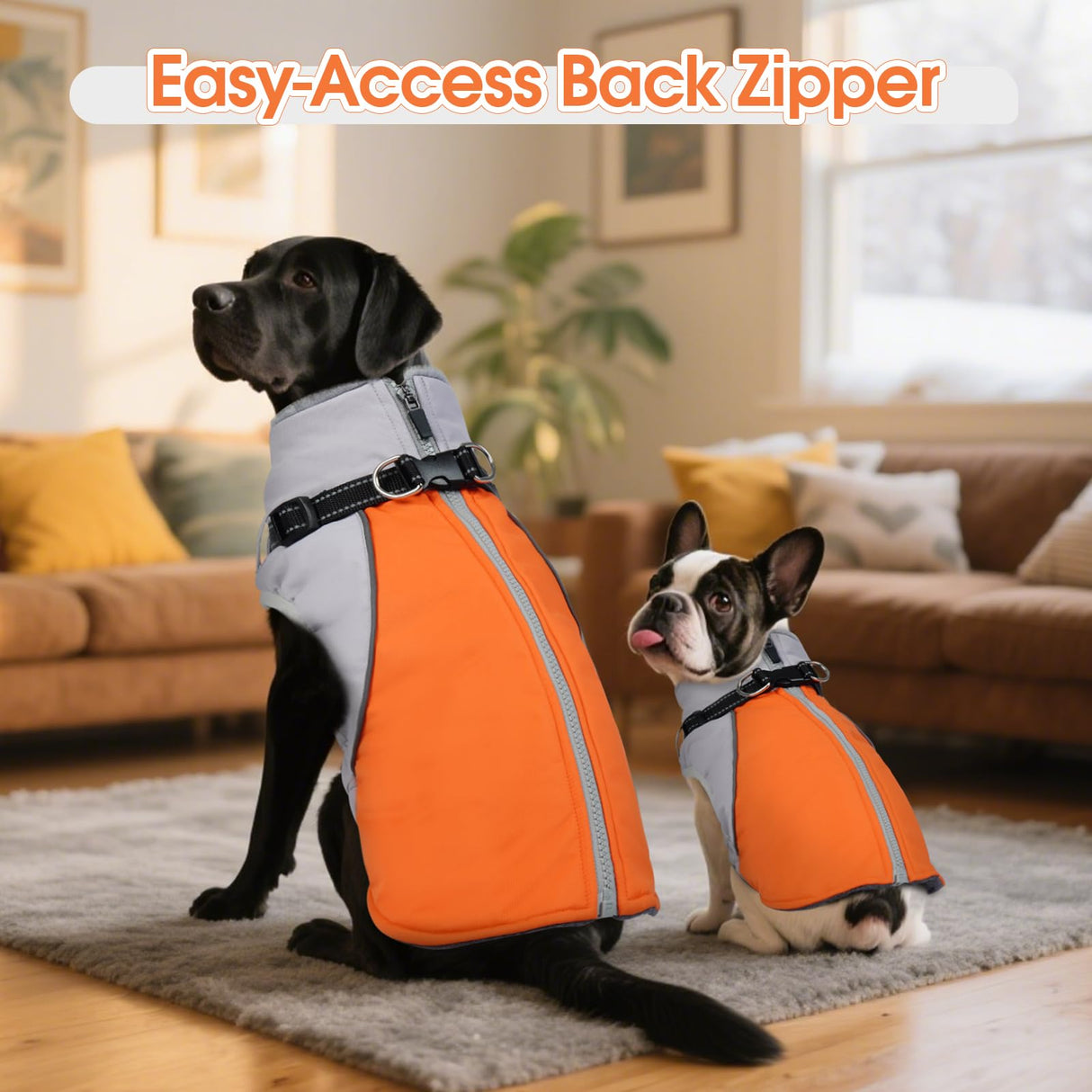 DENTRUN Dog Coat with Harness Built in, Extra Large Water-Repellent Dog Jacket, Turtleneck Windproof Reflective Strips for Great Dane, Orange, XXXL